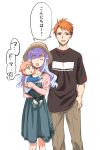  1boy 1girl 1other blue_hair child_carry closed_eyes crossdressing dress family father_and_child green_eyes hand_in_pocket hat holding lanlanlap long_hair mother_and_child open_mouth orange_hair original red_eyes short_hair spiked_hair white_background 