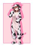 1girl absurdres animal_costume animal_ears animal_print bangs bell blush breasts brown_eyes brown_hair cleavage collar collarbone commentary_request cow_ears cow_girl cow_horns cow_print eyebrows_visible_through_hair fake_animal_ears fake_horns fake_tail full_body hair_ornament hairclip highres hood horns large_breasts long_hair long_sleeves looking_at_viewer nanami_(virtuareal) one_eye_closed open_mouth pink_background sleeves_past_wrists slippers smiley_face solo standing tail virtual_youtuber virtuareal yellow_eyes z-jun.dd-zhong zipper 
