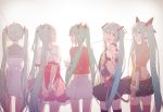  5girls absurdly_long_hair aqua_hair aqua_neckwear arms_behind_back black_footwear black_skirt blue_eyes blush closed_eyes detached_sleeves floating_hair glow_(vocaloid) grey_background grey_hair hair_between_eyes hairband hand_in_hair hatsune_miku headphones highres kurikaeshi_hitotsubu_(vocaloid) leg_up long_hair looking_back melt_(vocaloid) microphone miniskirt multiple_girls multiple_persona odds_&amp;_ends_(vocaloid) photoshop_(medium) pleated_skirt red_eyes red_skirt school_uniform serafuku shirt skirt sleeveless sleeveless_shirt songover standing tell_your_world_(vocaloid) thighhighs tsukonin_p twintails very_long_hair vocaloid white_shirt white_skirt zettai_ryouiki 