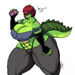  &lt;3 2018 abs anthro big_breasts bluenoise breasts cellphone cleavage clothed clothing crocodilian female green_body hi_res mature_female muscular muscular_female phone reptile scalie scar simple_background solo thick_thighs white_background 