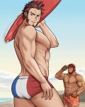  2boys abs absurdres alternate_costume ass bara beard blood blue_eyes brown_hair chest commission couple eyewear_on_head facial_hair fate/grand_order fate/zero fate_(series) goatee highres iskandar_(fate) looking_at_viewer male_focus male_swimwear multiple_boys muscle napoleon_bonaparte_(fate/grand_order) nosebleed pectorals red_hair scar sideburns smile steel_peach swimwear thighs 