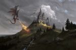  castle cloud cloudy_sky dragon fantasy fire highres krita_(medium) landscape large_wings no_humans original philipp_urlich river ruins scenery sky tree wyvern 