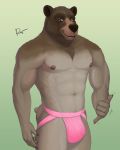  2020 4:5 5_fingers abs anthro balls biceps black_nose clothing finger_claws fingers fur genitals gradient_background hand_gesture hi_res jockstrap looking_at_viewer male mammal muscular muscular_male navel nipples pink_clothing pink_jockstrap pink_underwear rov signature simple_background solo underwear ursid 