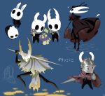  1girl alternate_costume arizuka_(catacombe) armor bunny cloak commentary cracked_mask dark_souls dark_souls_iii dress eating full_body glowing grey_cloak helmet high_heels highres holding hollow_eyes hollow_knight hollow_knight_(character) hornet_(hollow_knight) horns knight knight_(hollow_knight) looking_at_viewer mask multiple_others mushroom no_humans red_cloak shield simple_background souls_(from_software) standing suitcase sword weapon 