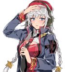  1girl aogisa bangs beret blue_eyes blush braid breasts girls_frontline hat headset highres looking_at_viewer low_twintails medium_breasts necktie ots-12_(girls_frontline) safety_glasses sidelocks silver_hair solo star_(symbol) symbol-shaped_pupils twintails 