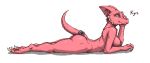  2020 accessory alcor90 anthro blue_eyes breasts butt claws female furgonomics kobold lying nude on_front pink_body red_body reptile russian_text scalie simple_background solo tail_accessory text white_background 