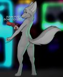  ambiguous_gender anthro arcade bokeh butt canid canine dialogue fluffy fluffy_tail fluffytuft fox fur hi_res hybrid looking_back male mammal smile solo tufty_(fluffytuft) video_games white_body white_fur 