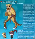  alternate_species animal_humanoid armor bandage blonde_hair claws clothed clothing duo english_text eulipotyphlan female hair hi_res human humanoid humanoidized kinkymation male mammal nintendo pok&eacute;dex pok&eacute;mon pok&eacute;mon_(species) pok&eacute;mon_trainer sandshrew tan_body text video_games 