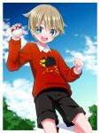  1boy bangs blue_eyes blue_sky blush cloud hair_between_eyes highres looking_at_viewer male_focus open_mouth outdoors poke_ball poke_ball_(basic) pokemon pokemon_(game) pokemon_swsh print_sweater rionoil shorts sky smile solo sweater youngster_(pokemon) 