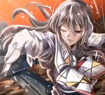  1girl ashigara_(kantai_collection) brown_eyes brown_hair commentary_request elbow_gloves gloves hairband highres kantai_collection kentan_(kingtaiki) long_hair machinery military military_uniform multicolored_neckwear neckerchief remodel_(kantai_collection) solo uniform upper_body wavy_hair white_gloves 
