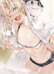  1girl aqua_eyes bandeau bangs bare_shoulders bed_sheet blonde_hair blue_shorts blush braid breasts collarbone cutoffs denim denim_shorts fate/apocrypha fate_(series) ghost_mask highres long_hair looking_at_viewer mask micro_shorts mordred_(fate) mordred_(fate)_(all) navel one_eye_closed open_mouth parted_bangs shorts sidelocks small_breasts teeth thighs tokopi 