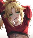  1girl arms_up bangs blush braid breasts crop_top fate/apocrypha fate_(series) french_braid green_eyes hair_ornament hair_scrunchie highres jewelry long_hair long_sleeves looking_at_viewer mordred_(fate) mordred_(fate)_(all) necklace open_mouth parted_bangs pendant ponytail red_scrunchie red_shirt scrunchie shirt sidelocks simple_background small_breasts smile tonee underboob 