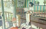  1girl absurdres animal_on_lap balcony bed black_hair cabinet cat cat_on_lap engawa975 half_updo highres indoors looking_out_window medium_hair original petting plant potted_plant 