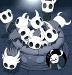  6+others arizuka_(catacombe) climbing cloak commentary elderbug flying_sweatdrops highres hollow_knight hollow_knight_(character) horns knight_(hollow_knight) looking_at_viewer mask multiple_others no_humans standing sweatdrop well 