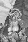  2020 anthro areola big_breasts breasts casual_nudity claws detailed_background female hi_res monochrome nipples non-mammal_breasts nude reptile rock scales scalie scar sky smile snake solo swameliz tasteful 