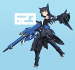  1girl alice_gear_aegis blue_background blue_eyes blue_hair bodysuit commentary_request full_body gun headphones holding holding_gun holding_weapon koashi_mutsumi looking_at_viewer mecha_musume mechanical_ears shimada_fumikane shorts simple_background solo weapon 
