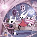  1girl arizuka_(catacombe) book bottle bug character_doll cloak commentary full_body grey_cloak highres hollow_eyes hollow_knight hornet_(hollow_knight) horns indoors insect knight_(hollow_knight) lamp lantern mask needle no_humans pillow rain red_cloak silk sitting sleeping spider spider_web stuffed_toy weapon window 