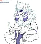  anthro black_body black_fur blue_eyes bottle claws clothed clothing fan_character fur hi_res holding_object horn male multicolored_body multicolored_fur muscular muscular_male partially_clothed simple_background sitting solo text two_tone_body two_tone_fur url vipery-07 white_background white_body white_fur 