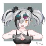  1girl :d animal_ears arknights bangs bare_arms bare_shoulders black_hair breasts cleavage collarbone commentary_request dated eyebrows_visible_through_hair eyewear_on_head fangs feater_(arknights) fingerless_gloves gloves grey_background grey_gloves guyue hair_over_one_eye highres looking_at_viewer medium_breasts multicolored_hair open_mouth palm-fist_greeting panda_ears short_hair silver_hair smile solo sparkle sports_bra streaked_hair sunglasses thick_eyebrows twintails two-tone_background upper_body white_background yellow_eyes 