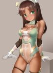  1girl alice_gear_aegis brown_hair closed_mouth commentary_request cowboy_shot dark_skin elbow_gloves eyebrows_visible_through_hair gloves green_eyes headwear kaneshiya_sitara leotard lips looking_at_viewer sasayuki see-through simple_background smile solo tail thigh_strap white_gloves 