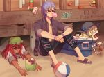  2boys 2girls ball balthus_(fire_emblem) beachball blonde_hair bottle bubble_blowing chewing_gum constance_von_nuvelle crab dark_skin drinking_straw earrings fire_emblem fire_emblem:_three_houses hapi_(fire_emblem) hat jewelry knees_up lying multiple_boys multiple_girls necklace on_stomach open_mouth purple_hair red_eyes red_hair sandals short_hair short_sleeves sitting sunglasses terrifiedmouse yuri_(fire_emblem) 
