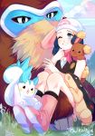  1girl artist_name beanie black_legwear blue_eyes blue_hair blush boots bulkobon buneary cloud commentary day eyelashes gen_4_pokemon grass hair_ornament hat highres hikari_(pokemon) mamoswine one_eye_closed outdoors pachirisu pink_footwear pink_scarf poke_ball_print pokemon pokemon_(anime) pokemon_(creature) pokemon_dppt_(anime) scarf sitting sky smile socks teeth white_headwear 