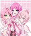  3boys :3 ahoge amemura_ramuda blue_eyes candy color_connection crossover ensemble_stars! food green_eyes grey_eyes hair_between_eyes hair_color_connection highres himemiya_touri hypnosis_mic lollipop male_focus mikado_nagi multiple_boys multiple_crossover pink_background pink_hair plaid plaid_background saito_katuo sidelocks smile uta_no_prince-sama 