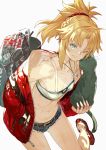  1girl backpack bag bandeau bangs bare_shoulders belt blonde_hair braid breasts cat collarbone cutoffs denim denim_shorts fate/apocrypha fate_(series) french_braid green_eyes grin hair_ornament hair_scrunchie highres jewelry long_hair long_sleeves looking_at_viewer mordred_(fate) mordred_(fate)_(all) navel necklace off_shoulder one_eye_closed pendant ponytail red_scrunchie scrunchie short_shorts shorts small_breasts smile thighs tokopi 