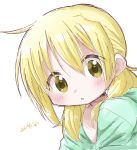  1girl bangs blonde_hair blush brown_eyes green_shirt hair_between_eyes hidamari_sketch highres long_hair looking_at_viewer miyako parted_lips shika_(s1ka) shirt simple_background solo translation_request upper_body white_background 