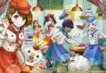  2boys 2girls apron bangs beet_(pokemon) black_hair blue_headwear blush brown_eyes brown_hair chair commentary_request cup eyelashes gen_8_pokemon grey_hair hat hatenna holding holding_tray hop_(pokemon) indoors looking_at_viewer mary_(pokemon) morpeko morpeko_(full) multiple_boys multiple_girls orange_headwear panicking pokemon pokemon_(creature) pokemon_(game) pokemon_cafe_mix pokemon_swsh purple_eyes purple_hair red_headwear scorbunny setta_shu smile table teacup tray waist_apron waiter waitress wooden_table wooloo yellow_eyes yuuri_(pokemon) 