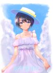  1girl absurdres alternate_costume asao_(flavor_of_morning) black_hair blue_eyes blue_sky blush bow breasts closed_mouth cloud cloudy_sky collarbone commentary cowboy_shot day dress english_text happy_birthday hat hat_bow highres hololive looking_at_viewer off-shoulder_dress off_shoulder oozora_subaru outdoors plaid plaid_bow short_hair sky sleeveless sleeveless_dress small_breasts smile solo virtual_youtuber white_dress white_headwear 