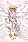  1boy absurdres angel anklet arms_behind_head barefoot blonde_hair blue_eyes blush bracelet digimon eyebrows_visible_through_hair feathered_wings feet full_body hair_between_eyes head_wings highres jewelry looking_at_viewer lucemon multiple_wings open_mouth pink_background seraph smile solo sweat wb_(dl4239dl) wings 