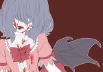  1girl absurdres bat_wings blood blood_on_face bloody_clothes blue_hair bow brown_background dress fangs frilled_sleeves frills hair_over_eyes hidden_eyes highres kawayabug licking_lips pink_dress puffy_short_sleeves puffy_sleeves red_bow red_ribbon remilia_scarlet ribbon short_sleeves simple_background solo tongue tongue_out touhou upper_body vampire wings 