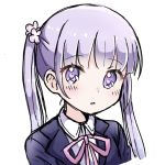  1girl bangs blue_jacket blush collared_shirt cropped_torso eyebrows_visible_through_hair flower hair_flower hair_ornament jacket long_hair looking_at_viewer neck_ribbon new_game! parted_lips pink_flower pink_ribbon purple_eyes purple_hair ribbon shika_(s1ka) shirt simple_background solo suzukaze_aoba twintails upper_body white_background white_shirt 