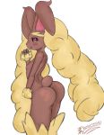  absurd_res big_ears black_sclera blush brown_body brown_fur butt eyebrows female ferretlord87 fur hi_res humanoid lopunny nintendo pink_eyes pok&eacute;mon pok&eacute;mon_(species) simple_background solo tan_body tan_fur thick_eyebrows video_games white_background 