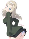  1girl arched_back ass black_skirt blonde_hair blue_eyes clara_(girls_und_panzer) closed_mouth commentary cowboy_shot crotch_seam dated from_side girls_und_panzer green_jacket hairband head_tilt highres insignia jacket kuzuryuu_kennosuke leaning_forward light_blush long_hair long_sleeves looking_at_viewer looking_back miniskirt panties pantyshot pleated_skirt pravda_school_uniform school_uniform simple_background skirt smile solo standing twitter_username underwear white_background white_hairband white_panties 