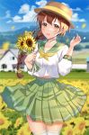 1girl arms_up bangs blue_sky blurry blurry_background blush boater_hat bouquet braid braided_ponytail brown_eyes brown_hair cloud commentary_request cowboy_shot depth_of_field field flower flower_field green_sailor_collar green_skirt hair_between_eyes head_tilt holding holding_bouquet long_hair long_sleeves looking_at_viewer low-tied_long_hair midriff_peek mountainous_horizon neckerchief niwata0 open_mouth original outdoors petals pleated_skirt rural sailor_collar shirt skirt sky solo standing sunflower thighhighs thighs upper_teeth white_legwear white_shirt wind wind_lift yellow_neckwear 