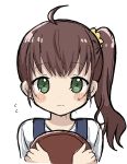  1girl ahoge bangs blush_stickers brown_hair closed_mouth eyebrows_visible_through_hair flying_sweatdrops green_eyes hair_ornament hair_scrunchie highres holding holding_tray long_hair niizato_aoi non_non_biyori scrunchie shika_(s1ka) side_ponytail simple_background solo sweat tray upper_body white_background yellow_scrunchie 