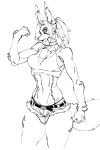  2:3 anthro belt bottomwear breasts canid canine choker cleavage clothed clothing cutoffs daisy_dukes denim denim_clothing female fist flexing hair hi_res hotpants jewelry jijis-waifus looking_at_viewer mammal markings monochrome navel necklace nina_(jijis-waifus) ponytail shirt shorts simple_background solo standing tank_top topwear white_background 