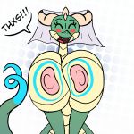  1:1 anthro big_breasts breast_squish breasts countershading dododragon56 dotted_background dragon fangs female horn humanoid nipples nude paint painted pattern_background raised_tail reptile scales scalie simple_background smile solo squish text veil 