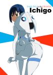  1girl absurdres ass ass_focus blue_hair bodysuit character_name copyright_name darling_in_the_franxx green_eyes hair_ornament hairclip highres ichigo_(darling_in_the_franxx) looking_at_viewer looking_back pilot_suit skin_tight solo tonotyama white_background 