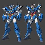  aqua_eyes clenched_hands earthree_gundam grey_background gundam gundam_build_divers gundam_build_divers_re:rise highres joints kevinayama mecha multiple_views no_humans robot_joints simple_background standing v-fin 