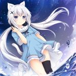  1girl absurdres animal_ear_fluff animal_ears bangs black_legwear blue_dress blue_eyes blush cat_ears cat_girl cat_tail closed_mouth commentary_request dress dutch_angle eyebrows_visible_through_hair feet_out_of_frame hair_between_eyes hair_ornament hand_on_headphones headphones headphones_around_neck highres long_hair looking_at_viewer low_twintails night night_sky original outdoors sailor_collar sailor_dress sakuraba_hikaru_(loveindog) short_sleeves single_thighhigh sky smile solo star_(sky) starry_sky tail thighhighs twintails very_long_hair wading water water_drop white_hair white_sailor_collar x_hair_ornament 