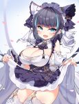  14c 1girl absurdres azur_lane bangs bare_shoulders black_hair blue_eyes blue_hair blunt_bangs blush breasts cheshire_(azur_lane) cleavage commentary_request detached_sleeves dress dress_lift earrings eyebrows_visible_through_hair fang frilled_dress frilled_ribbon frills garter_straps hair_ribbon highres jewelry large_breasts lifted_by_self looking_at_viewer maid maid_dress maid_headdress multicolored_hair open_mouth petals ribbon smile solo streaked_hair thighhighs thighs white_legwear white_ribbon work_in_progress 
