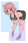  abstract_background ashido_mina bent_over black_sclera breasts clothing exercise_clothing female footwear hair hi_res horn humanoid looking_at_viewer my_hero_academia pink_body pink_hair pink_skin shoes smile solo tamamonokama yellow_eyes 