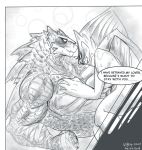  anthro anthrofied bandage blush bodily_fluids butt claws dialogue dialogue_box duo english_text fangs female female_on_top godzilla godzilla_(series) hi_res kaiju love lying male male/female muscular muscular_male muto_(godzilla) on_top open_mouth romantic_ambiance romantic_couple simple_background sweat tentacles text toho vipery-07 white_background 