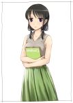  1girl bangs black_hair blush breasts casual closed_mouth collared_shirt commentary_request cowboy_shot eyebrows_visible_through_hair green_skirt grey_shirt highres holding holding_notebook kitaura_sou long_skirt looking_at_viewer low_twintails medium_breasts notebook purple_eyes ribbed_shirt shirt simple_background skirt sleeveless sleeveless_shirt solo standing tamura_yuri twintails watashi_ga_motenai_no_wa_dou_kangaetemo_omaera_ga_warui! white_background 