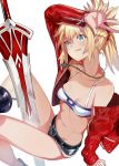  1girl aqua_eyes bandeau bangs belt blush boots braid breasts clarent closed_mouth cutoffs denim denim_shorts fate/apocrypha fate_(series) french_braid hair_ornament hair_scrunchie hand_up highres jacket jewelry licking_lips long_hair long_sleeves looking_at_viewer mordred_(fate) mordred_(fate)_(all) navel necklace off_shoulder open_clothes open_jacket parted_bangs pendant ponytail red_jacket red_scrunchie scrunchie short_shorts shorts sidelocks simple_background small_breasts sword thighs tokopi tongue tongue_out weapon 