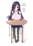  1girl airy45525312 bangs black_hair blush burn_scar casual center_frills chair commentary commission elbow_rest english_commentary english_text full_body hair_over_one_eye hand_up highres ikezawa_hanako katawa_shoujo light_smile long_hair long_sleeves looking_at_viewer pants purple_eyes scar shirt simple_background sitting solo table white_background white_shirt 