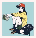  1girl absurdres aqua_background backpack bag baseball_cap black_backpack black_hair black_legwear border brown_footwear green_shorts hat highres holding hosoo knees_up long_hair original red_headwear sandals shadow shirt shorts sitting socks solo white_border yellow_shirt 